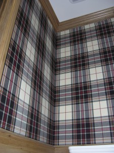 large check fabric on walls in powder room