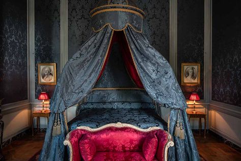 bedroom decorated in blue silk fabric