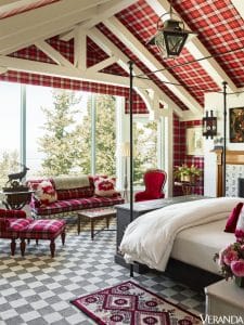 tartan fabric wall upholstery in bedroom