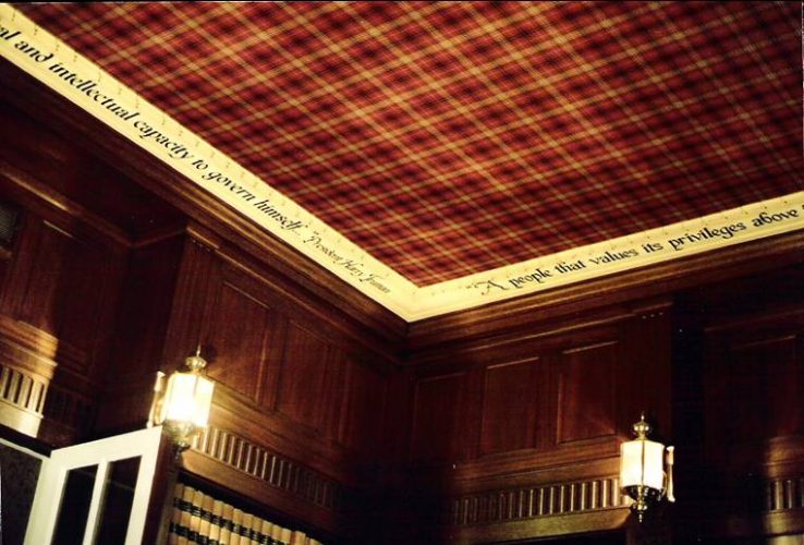 tall library ceiling in tartan fabric