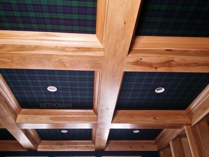 tartan fabric stretched in a coffer ceiling